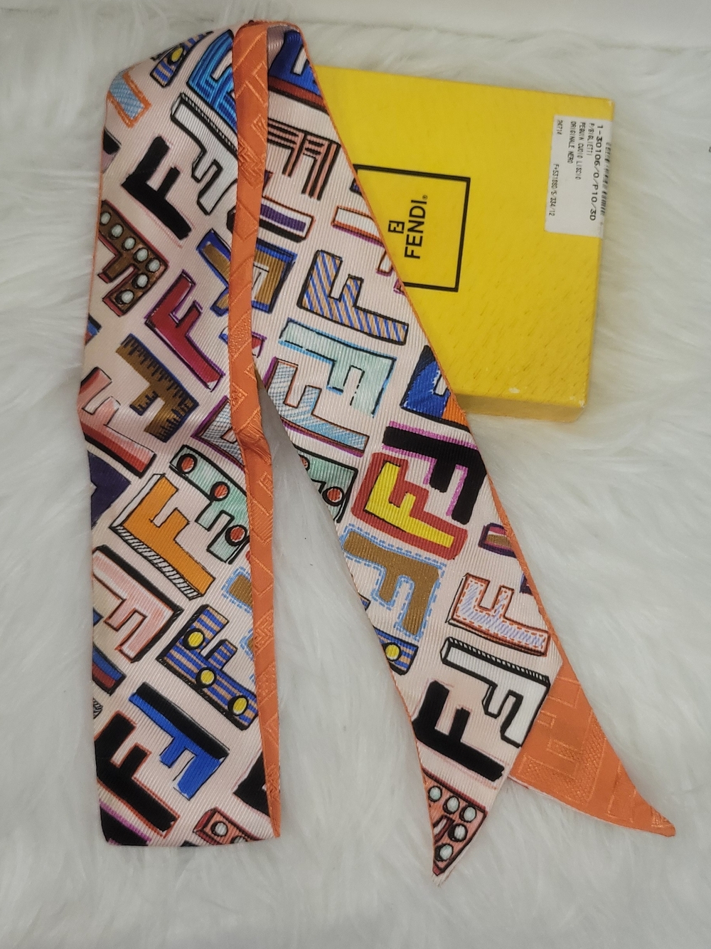 Fendi Pink Multicolor FF Logo Silk Twilly with Orange Trim